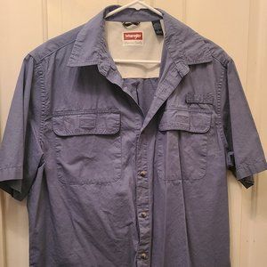 WRANGLER MEN'S GREY BLUE BUTTON UP MECHANICS WORK SHIRT SIZE LARGE